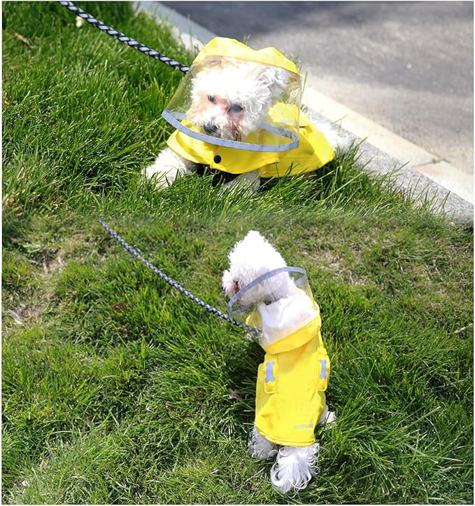 Dog Raincoat Waterproof, Adjustable Reflective Hooded Dog Rain Poncho with Leash Hole for Small Medium Large Dogs (Yellow, Small)