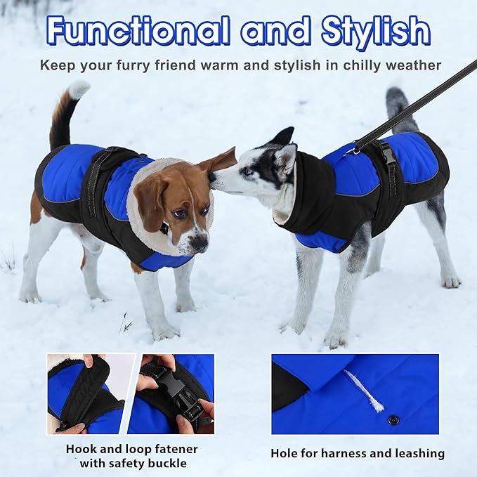 Dogcheer Waterproof Dog Coat, Christmas Dog Winter Jacket, Adjustable Puppy Fleece Coat for Cold Weather, Reflective Turtleneck Snow Jacket for Small Medium Large Dogs - Blue, 2XL