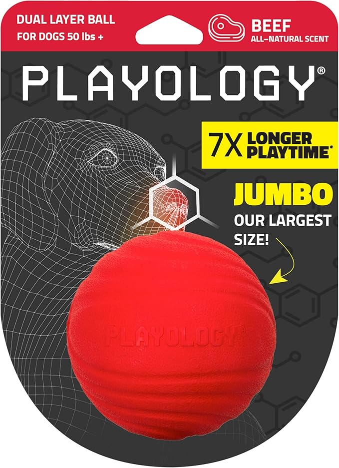 Playology Dog Toys | Dual Layer Ball Durable Chew Toy for Aggressive Chewers | Jumbo Beef Scented Toy - Easy to Clean and Made from Non Toxic Materials