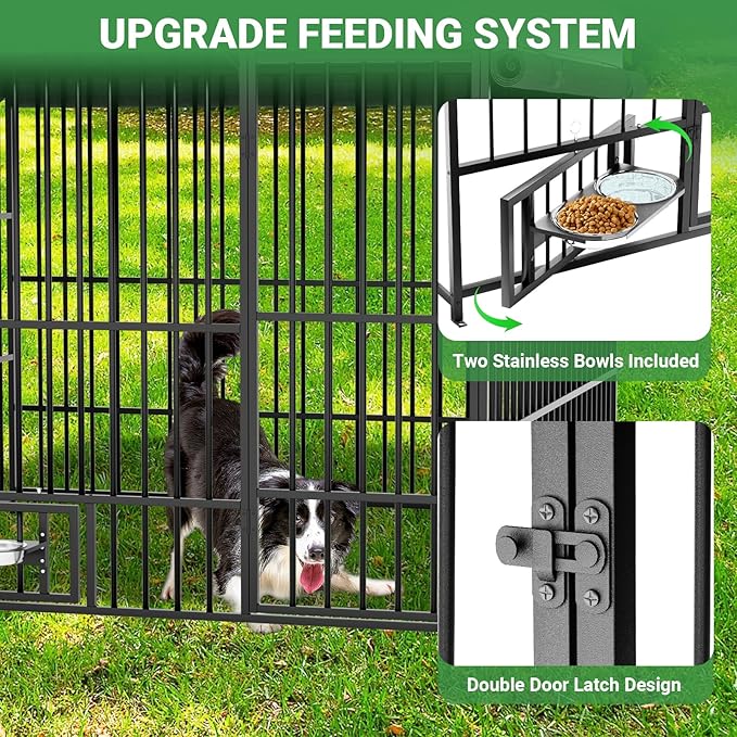 6.6 x 6.6 x 6.4 ft Outdoor Dog Kennels - Outside Dog Run Kennel with Waterproof Roof, Heavy Duty Outdoor Dog Enclosure with Rotating Feeding Bowls