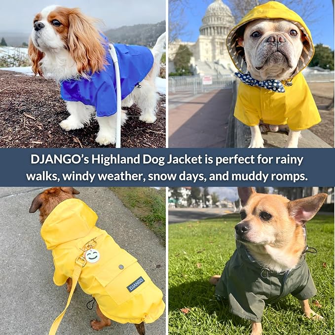 DJANGO Highland Dog Jacket & Raincoat – Water-Repellent, Lined Dog Coat with Hood, Adjustable Fit & Harness Hole – Lightweight Rain & Wind Jacket for Small & Medium Dogs up to 30 lbs (Red, Small)