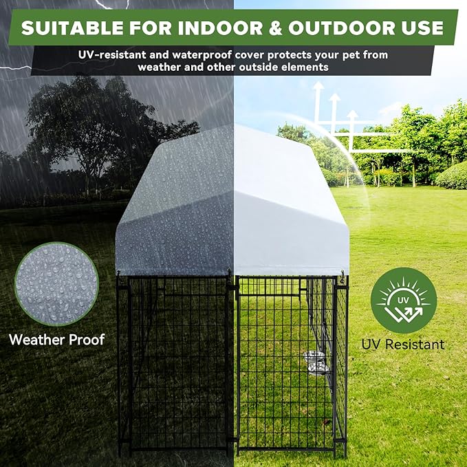 Oranland 6x4x6FT Outdoor Dog Kennel, Heavy Duty Welded Wire Steel Dog kennels with Secure Lock for Outside, Dog Pen with Waterproof Roof Cover and 2 Rotating Dog Bowls