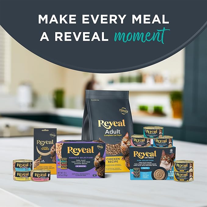 Reveal Natural Wet Cat Food, 30 Count, Grain Free, Limited Ingredient Canned Food for Cats, Fish and Chicken Variety in Broth, 2.47 oz Cans
