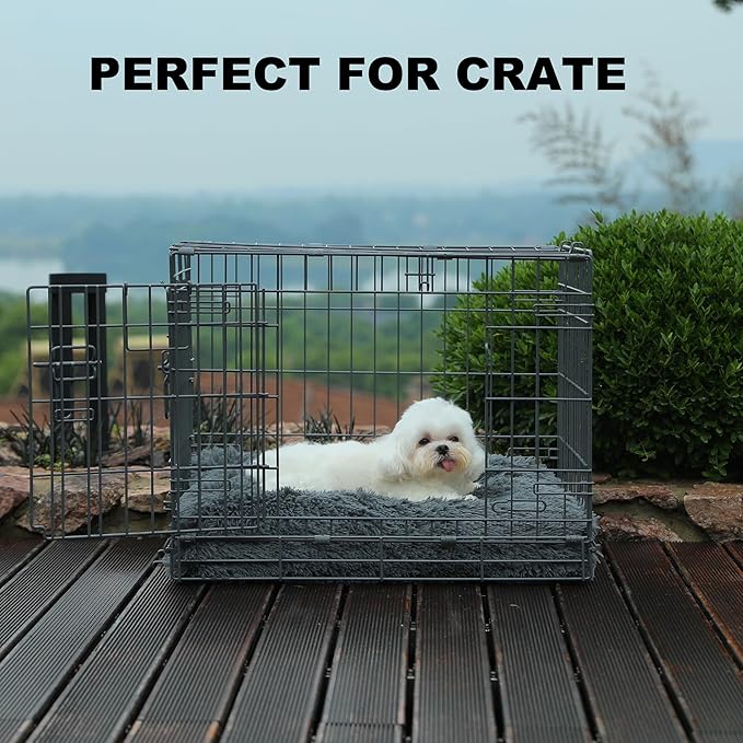 Bedfolks Waterproof Crate Bed, Plush Dog & Cat Kennel Pad, Faux Fur, Washable, 23"x18", Dark Grey