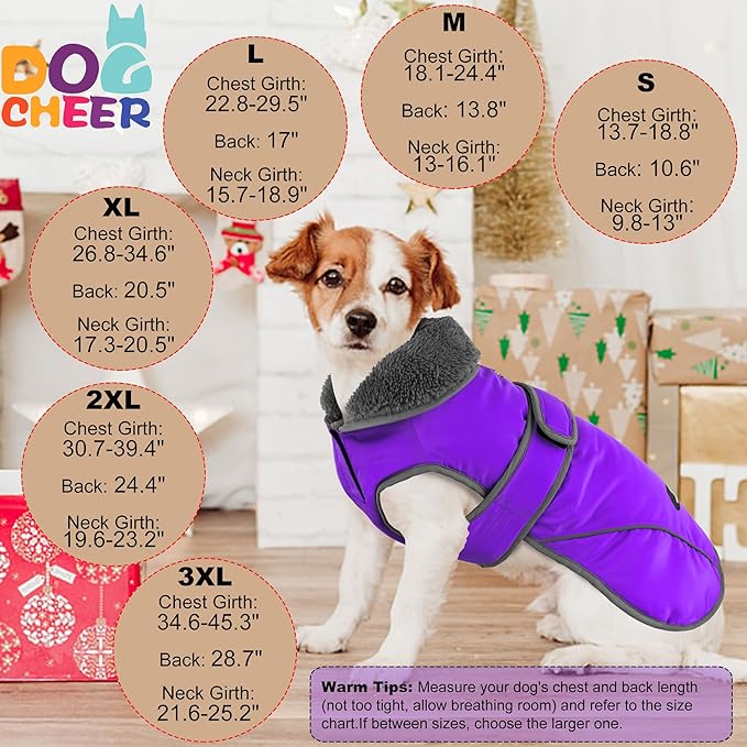 Dogcheer Dog Coat, Waterproof Dog Jacket Reflective Pet Winter Coat with Adjustable Hook & Loop, Christmas Puppy Fleece Jacket Warm Turtleneck Snowsuit for Small Medium Large Dogs - Purple, XL