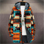 Mens Aztec Print Hoodie Heavyweight Cotton Fleece Jacket Zip Up Warm Long Sleeve Hooded Winter Midi Coat