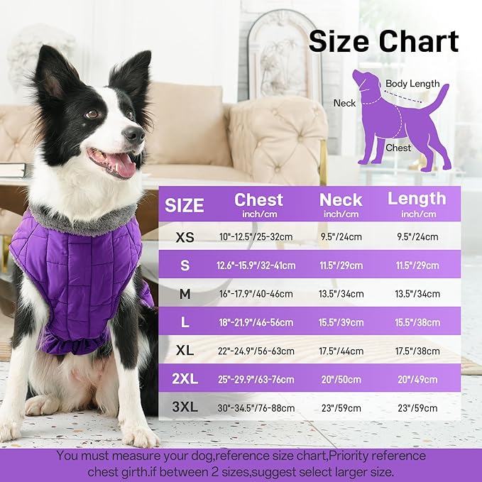 Warm Fleece Dog Coats with Durable Harness Buitl in D-Ring,Waterproof Puppy Jacket for Small Dogs,Dog Vest for Cold Winter,Purple XS