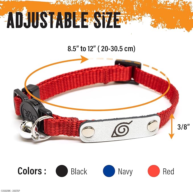 Naruto Breakaway Cat Collars for Girl & Boy Cats | Officially Licensed Naruto Shippuden Hidden Leaf Village Pet Accessories & Gifts, (8.5” to12”) Adjustable Cute Kitten Collar with Bell (Red, Ninja)