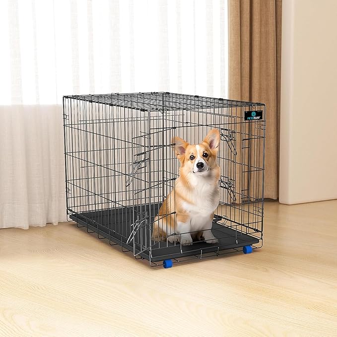 PetsTuff GREAT CRATES 42” X-Large Dog Crate - Heavy-Duty Dog Kennel With Divider Panel For Pets 65-85lbs - Durable Leaf-Proof Tray - Foldable, Carry Handle & Wheels For Easy Moving - Two-Door Dog Cage
