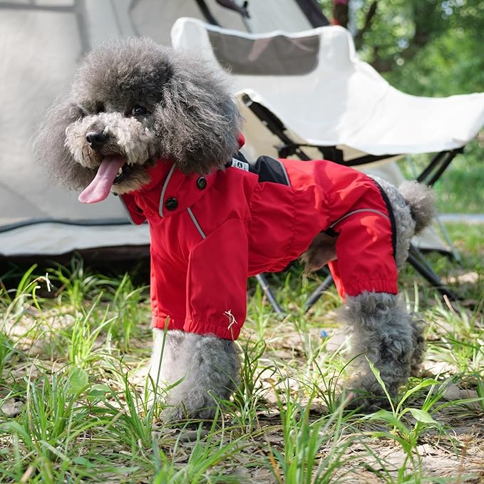 LOVELONGLONG Fleece-Lined Dog Raincoat with Removable Hood – Waterproof Winter Full Body Dog Jacket – Windproof Snowproof Cold-Weather Suit – Red-F 4XL