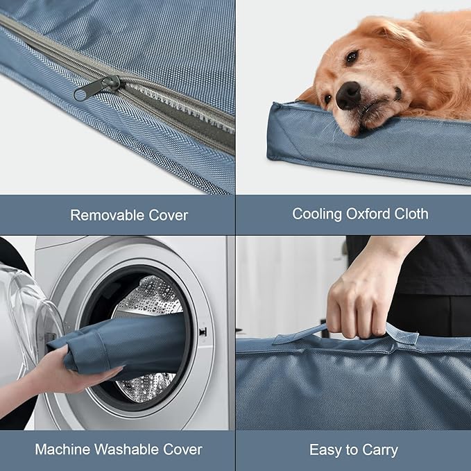 Outdoor Large Washable Dog Bed, Orthopedic Egg Crate Foam Dog Crate Mat for Large Dogs with Removable Oxford Cooling Cover, Blue