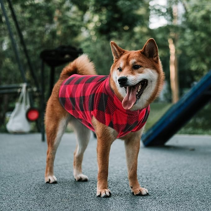 ASENKU Dog Sweater, Plaid Dogs Fleece Vest, Soft Comfortable Pet Pajamas, Warm Winter Puppy Shirt, Cold Weather Coat Jacket Pet Clothes for Small & Medium Dog Breeds, Red, S