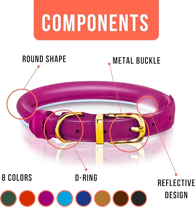 OOPSDOGGY Reflective Rolled Leather Dog Collar Adjustable Soft Padded Pet Collar for Small Medium Large Breed Dogs (Pink, M, 12"-15")