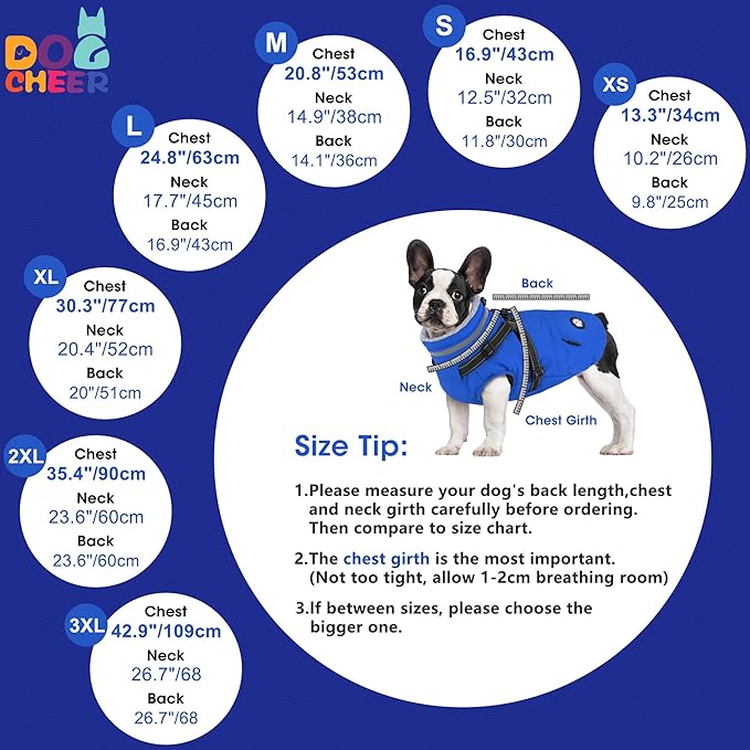 Dogcheer Dog Coat, Waterproof Dog Winter Jacket with Harness, Reflective Adjustable Doggy Cold Weather Coats, Christmas Pet Fleece Snowsuit for Small Medium Large Dogs - Blue, L