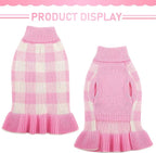 Dog Sweater Dress Plaid Knitwear for Small Medium Dogs Warm Puppy Pet Turtleneck Stretch Pullover Cute Fall Winter Vest Clothes with Leash Hole for Christmas (Pink, 2XS)