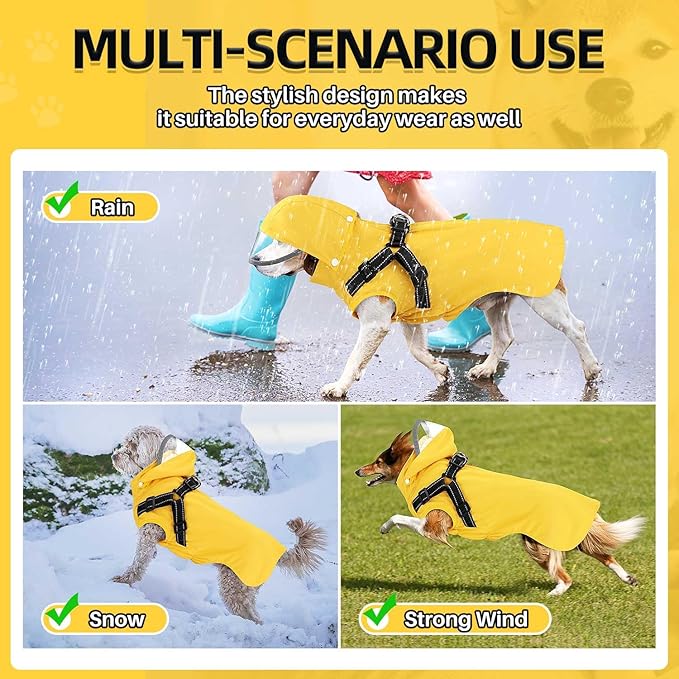 Lukovee Dog Raincoat - Waterproof Rain Jacket with Harness & Removable Hood, Reflective Double Layer Dog Rain Coat Poncho for Small Medium Large Dogs Puppy (M, Y)