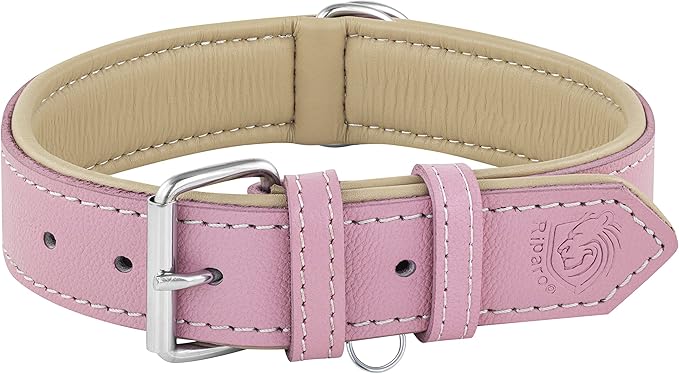 Riparo Genuine Leather Pink Dog Collar Heavy Duty K-9 Adjustable Dog Collar (L: 1.5" Wide for 17"-21" Neck, Pink)