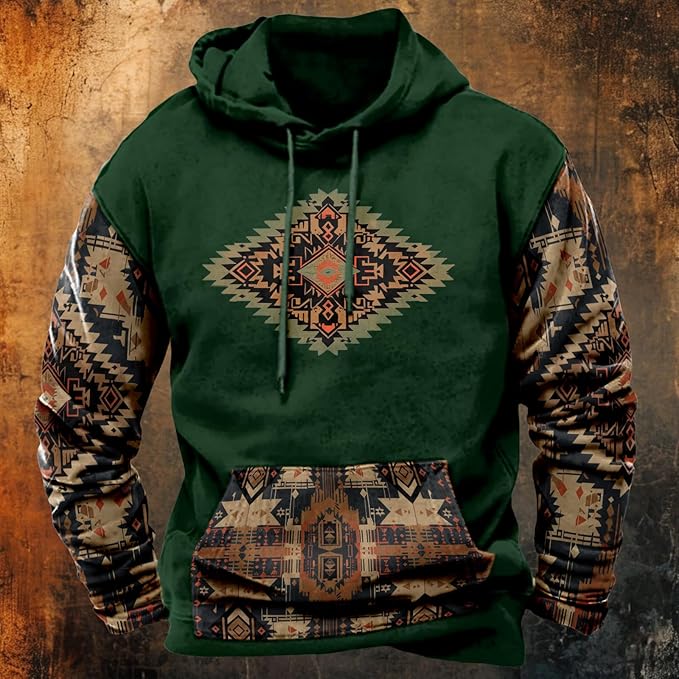 HOTYD Mens Western Aztec Sweatshirts Long Sleeve Fall Fashion Drawstring Pullover Vintage Graphic Cowboy Hoodie for Men