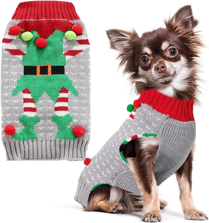 PETCARE Dog Christmas Sweater Ugly Elf Clown Cat Sweater Vest Pet Jumper Grey Green Holiday Dog Clothes Puppy Sweaters for Small Medium Large Dogs Cats Fall Winter Outfits Xmas Dogs Costume,XX-Large