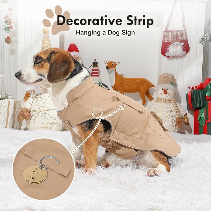 Workwear Style Dog Coats with Harness Built in for Small Dogs Windproof Warm Puppy Jacket with Storage Pockets for Cold Winter,LightBeige L