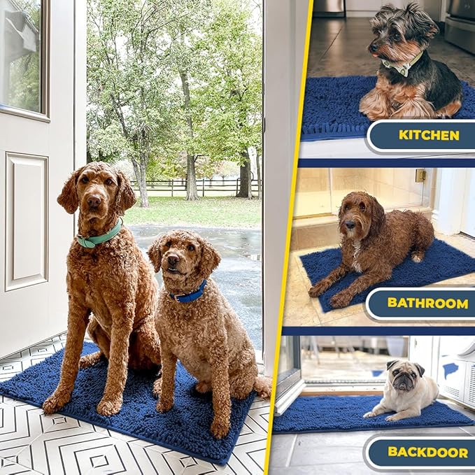Muddy Mat® AS-SEEN-ON-TV Highly Absorbent Microfiber Dog Door Mat and Pet Rug, Non Slip Thick Washable Area and Bath Mat Soft Chenille for Kitchen Bathroom Bedroom and Indoor - Navy Blue XL 59"X35"