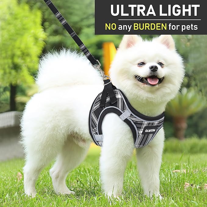GAMUDA Small Dog Harness Collar and Leash Set, Step in No Chock No Pull Soft Mesh Adjustable Dog Vest Harnesses Plaid Reflective for Dogs Puppy Cats Kitten Rabbit (Black, XXXS)