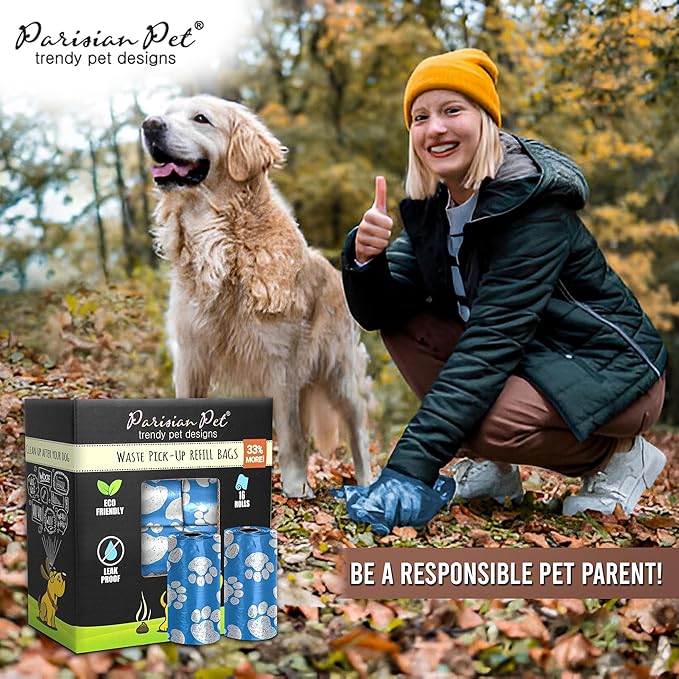 Parisian Pet Ecofriendly Dog Poop Bags Rolls - 320 Count Unscented Poop Bags For Dogs - Leakproof, Extra Thick, 16 Dog Waste Bags Refill Rolls - Blue Doggie Poop Bags - Fits All Dispenser