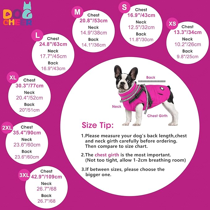 Dogcheer Dog Coat with Harness, Waterproof Dog Jacket Christmas Pet Winter Coat with Pockets, Reflective Doggy Turtleneck Fleece Jacket for Small Medium Large Dogs - Pink, 2XL