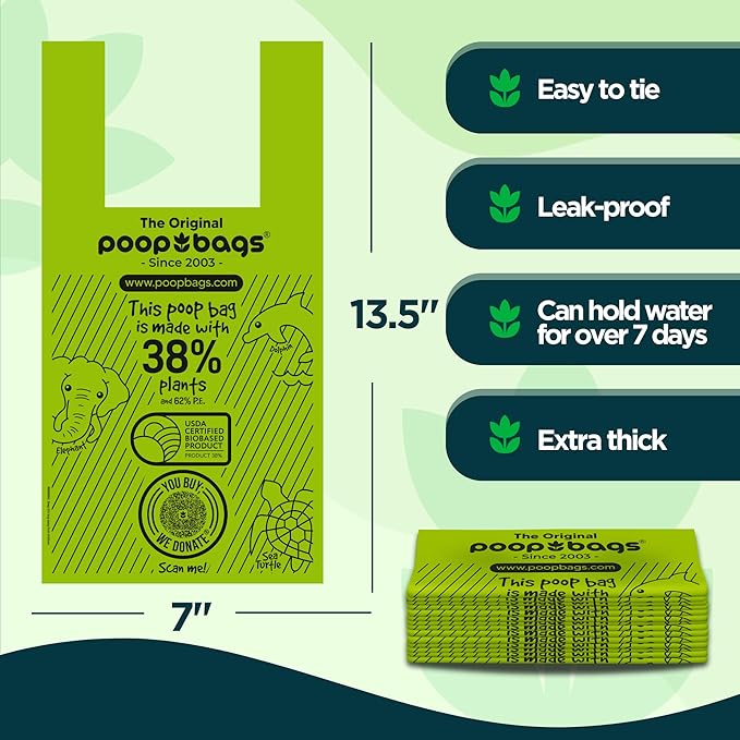 The Original Poop Bags® Dog Poop Bags with Handles, 38% USDA Biobased, Leak-Proof & Easy Tie Waste Bags for Dogs, Unscented, 120 Count