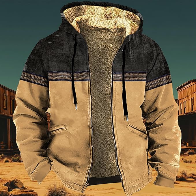 Men's Western Aztec Jackets Hooded Cowboy Hoodie Warm Full Zip Ethnic Vintage Long Sleeve Coat Fall Winter Tops