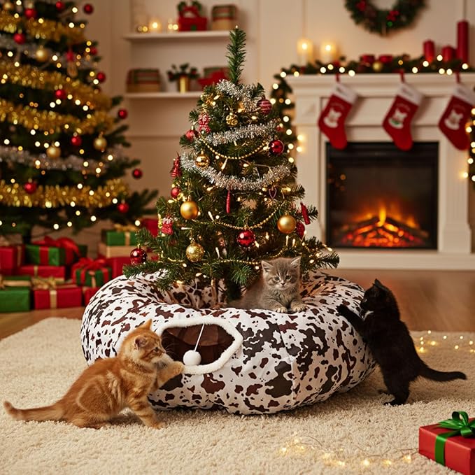 Cat Tunnel Bed Under Christmas Tree 36'' Kitten Circle Donut Tunnel Skirt with Ball Mat Decorative Xmas Folding Home Kitty Guard Tube Holiday Party Indoor Pet (Brown Black White,Cowhide)