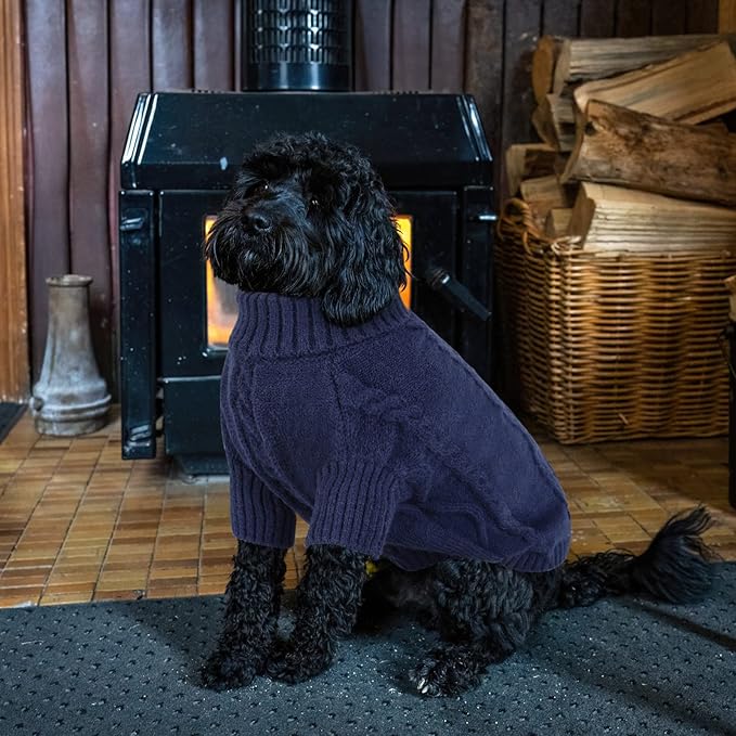 Queenmore Small Dog Pullover Sweater, Cold Weather Cable Knitwear, Classic Turtleneck Thick Warm Clothes for Chihuahua, Bulldog, Dachshund, Pug (Dark Navy, Medium)