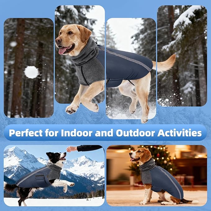SlowTon Winter Dog Coat, Warm Polar Fleece Lining Doggie Outdoor Jacket with Turtleneck Scarf Reflective Stripe Adjustable Waterproof Windproof Puppy Vest Soft Pet Outfits (XXL,Dark Blue)
