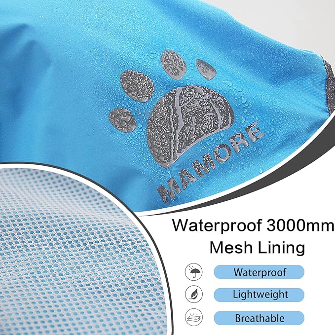 Waterproof Dog Raincoat, Reflective Adjustable Hooded Dog Rain Coat, Lightweight Breathable Pet Rain Jacket Poncho Double Layer with Leash Hole for Small Medium Large Dogs (Blue, XX-Large)