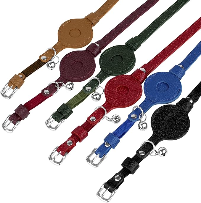 OOPSDOGGY Cat Collar for AirTag Holder, Leather Kitten Collars with Elastic Strap & Bell, Non Breakaway Adjustable Small Pet Collars for Indoor & Outdoor for Boy, Girl (Black)