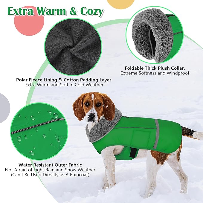 Dogcheer Warm Dog Coat, Waterproof Dog Jacket Christmas Puppy Winter Coat with Buckle, Reflective Adjustable Pet Snow Jacket Turtleneck Fleece Sweater for Small Medium Large Dogs - Green, M