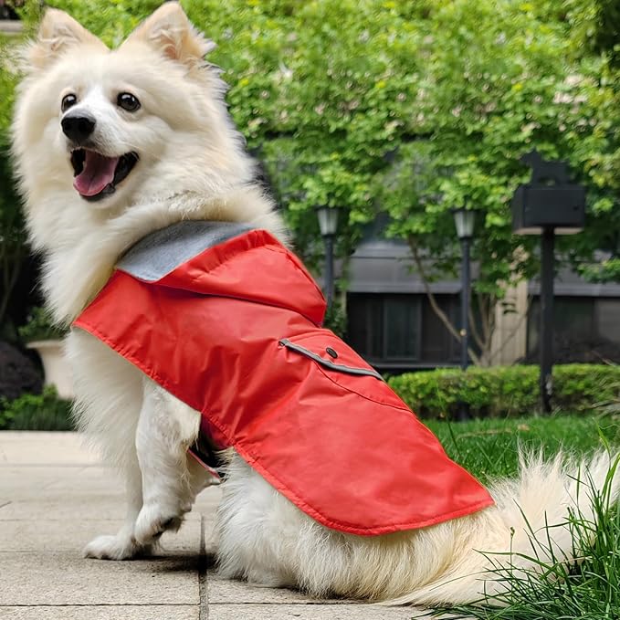 Dog Raincoat Dogs Rain Jacket Reflective Poncho Rainwear Waterproof Pet Clothes Pocket Warm Lined Hooded Leash Hole Adjustable Small Medium Dogs,Red,XXL,Back Length 16.0 Inch