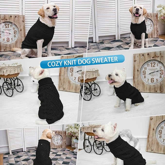 Mihachi Turtleneck Dog Sweater - Winter Coat Apparel Classic Cable Knit Clothes with Leash Hole for Cold Weather, Ideal Gift for Pet in New Year Black X-Small