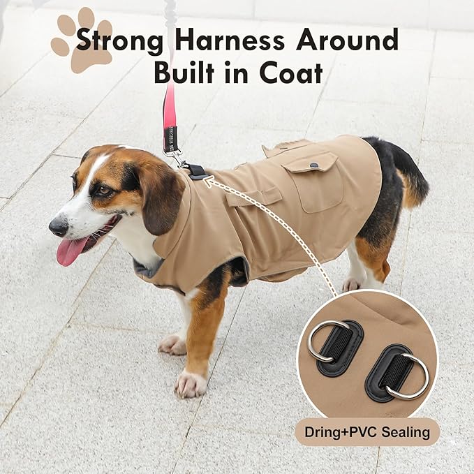 Workwear Style Dog Coats with Harness Built in for Small Dogs Windproof Warm Puppy Jacket with Storage Pockets for Cold Winter,LightBeige XXL