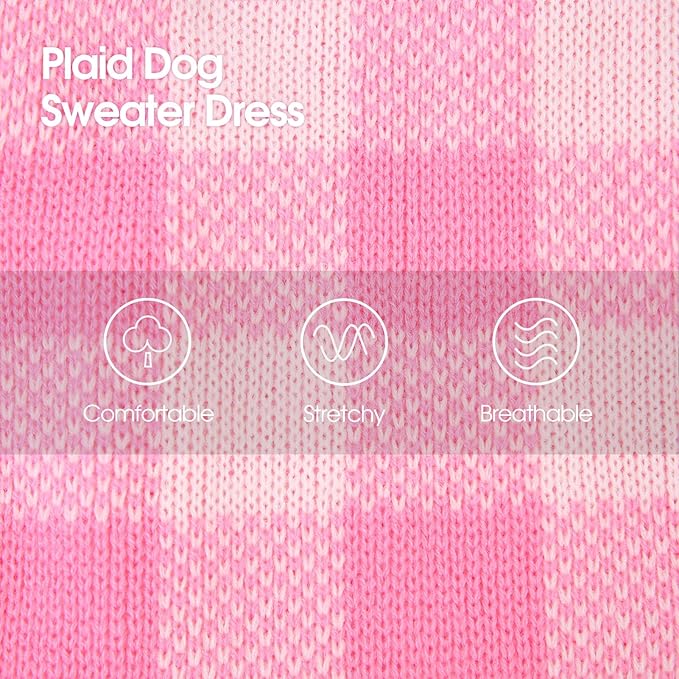 Dog Sweater Dress Plaid Knitwear for Small Medium Dogs Warm Puppy Pet Turtleneck Stretch Pullover Cute Fall Winter Vest Clothes with Leash Hole for Christmas (Pink, M)