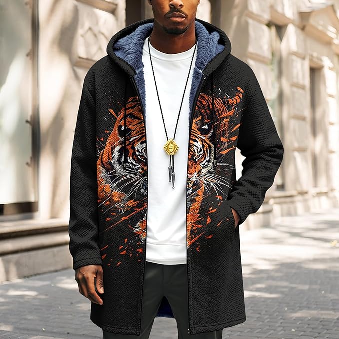 Mens Long Cardigan Hoodies Full Zip Fleece Lined Jackets Fashion Knitted Color Block Hooded Coat with Pockets