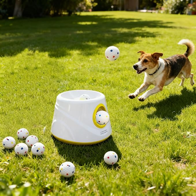 Automatic Ball Launcher for Dogs, Dog Ball Launcher with 6 ETPU 2.3” Balls, Adjustable Distance Thrower for Indoor & Outdoor Fetch Play, Interactive Pet Toy for Small & Medium Dogs