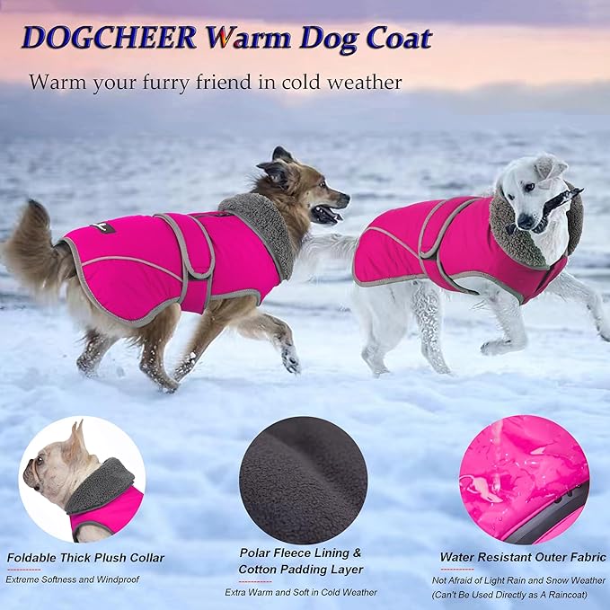Dogcheer Dog Coat, Waterproof Dog Jacket Reflective Pet Winter Coat with Adjustable Hook & Loop, Christmas Puppy Fleece Jacket Warm Turtleneck Snowsuit for Small Medium Large Dogs - Pink, 2XL
