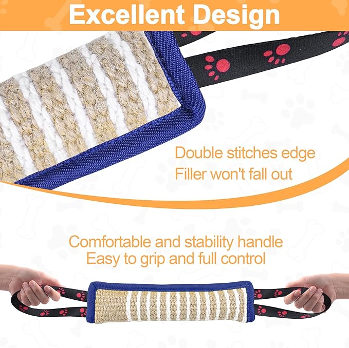 Dog Tug Toy Dog Bite Jute Pillow Pull Toy with 2 Strong Handles Perfect for Tug of War, Puppy Interactive Play, Tear Resistant Bite Training Toys for Small Medium Large Dogs (Blue Footprint)
