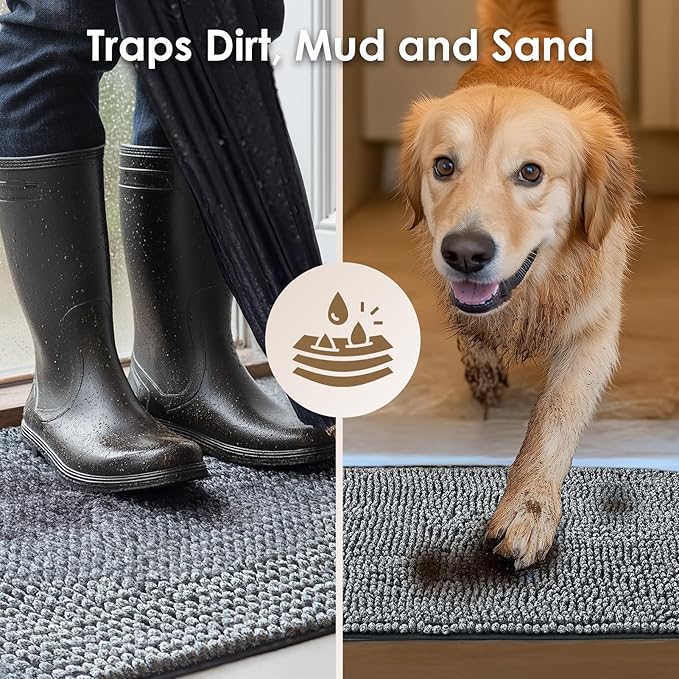 EHEYCIGA Super Absorbent Dog Door Mat for Muddy Paws 48x30 Inch Indoor, Front Doormat Outside Entrance, Quick Dry Chenille Washable Dog Crate Bed, Non-Slip Pet Rug Mud Mat Outdoor Entryway, Grey