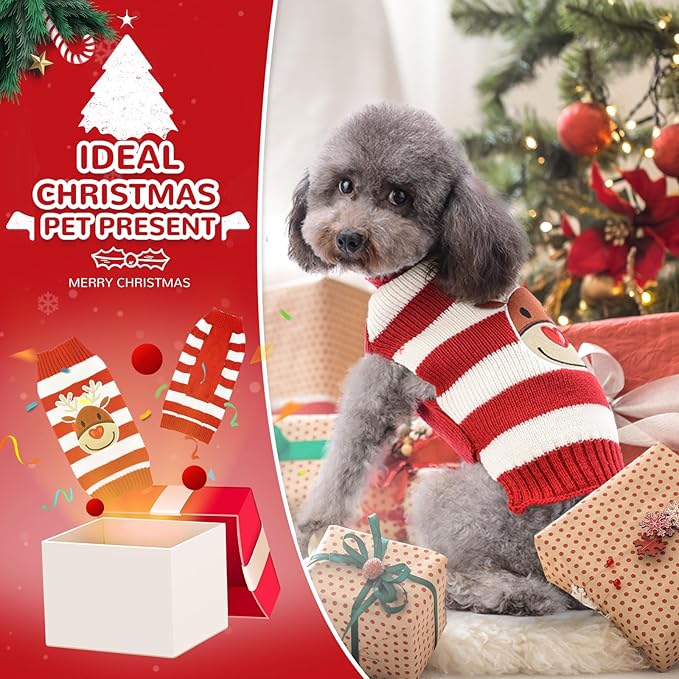 PETCARE Reindeer Christmas Dog Sweater Red Striped Cat Sweater Cartoon Elk Pet Vest Holiday Dog Clothes Puppy Sweaters for Small Medium Large Dogs Cats Fall Winter Outfits Xmas Dogs Costume,X-Large