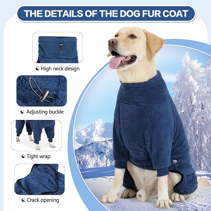 Dog Winter Coat, Warm Fleece Dog Jacket, Windproof Pullover Jumpsuit, Full Body Pajamas Onesie, Cold Weather Clothes for Medium Large Dog(Small,NavyBlue)