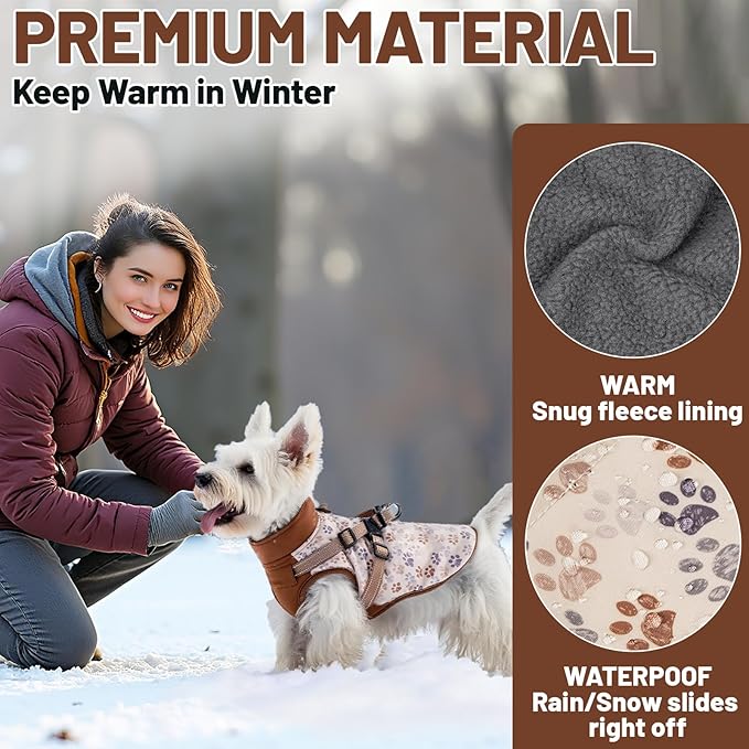 Dog Winter Coat for Small & Medium Dogs (Up to 32lb), Waterproof Dog Coat with Harness, Puppies Windproof Puppy Puffer Jacket, Snowsuit for Dachshund,Frenchie, Corgi (Paw Brown, Medium)
