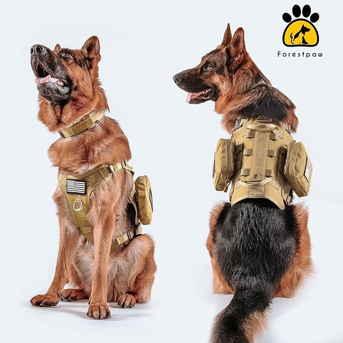 Forestpaw Dog Harness Medium Sized,Tactical Dog Harness with Handle,No Pull Military Style Service Dog Vest with Pockets Adjustable for Medium Dogs,Brown,Chest 15.5-25.5"