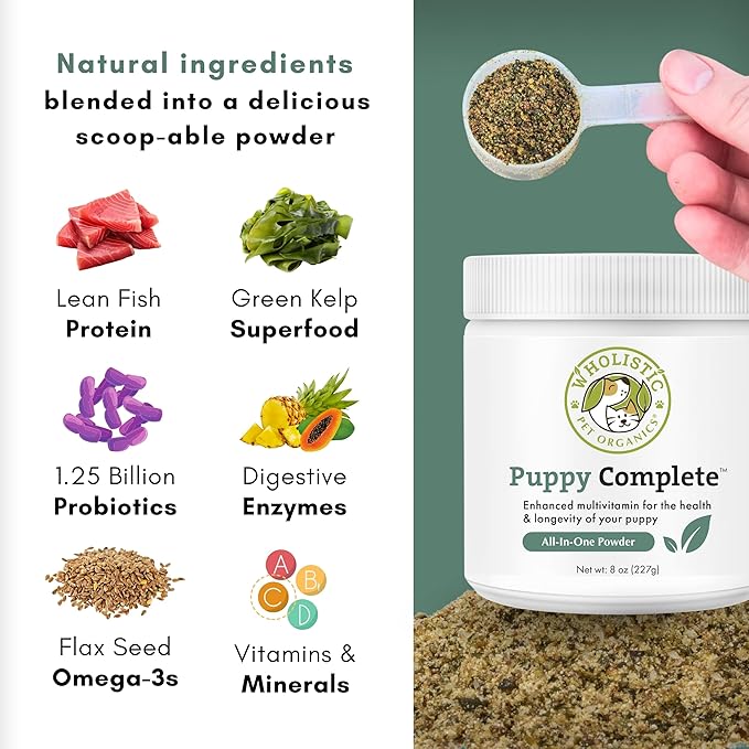 Wholistic Pet Organics Puppy Complete - Dog Multivitamin Powder - 8 Oz - Daily Dog Vitamins & Supplements for Homemade Food - Immune System, Skin, Coat & Overall Health - Small and Large Breed Puppies